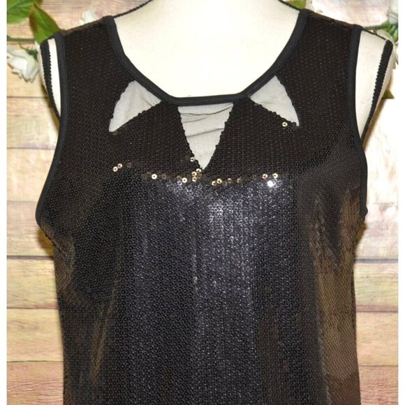 Olsenboye Black Sleeveless Sequins Party Cocktail Dress Size L Deep V Back LBD - Picture 2 of 10